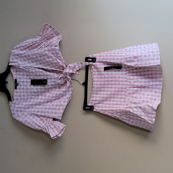 Lulus Patio Cutie Embroidered Pink Gingham Tie Front Top & Mini Skirt Set XS - Picture 11 of 16
